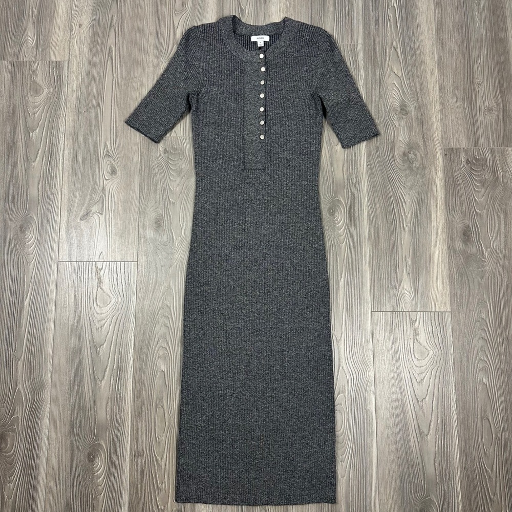 Reiss Gray Sandy Ribbed Wool Blend Midi Dress - SIZE M Henley Fall Knit
